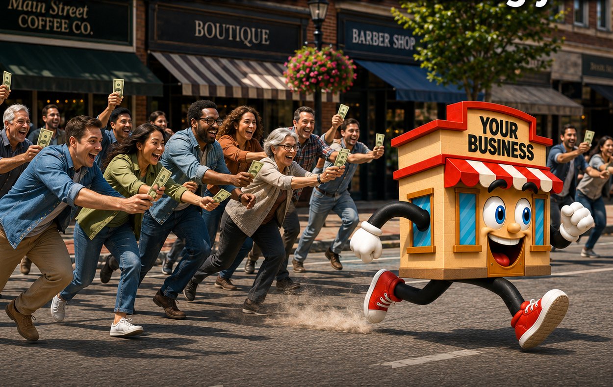 A happy storefront character running down Main Street, chased by a crowd of eager customers waving cash
